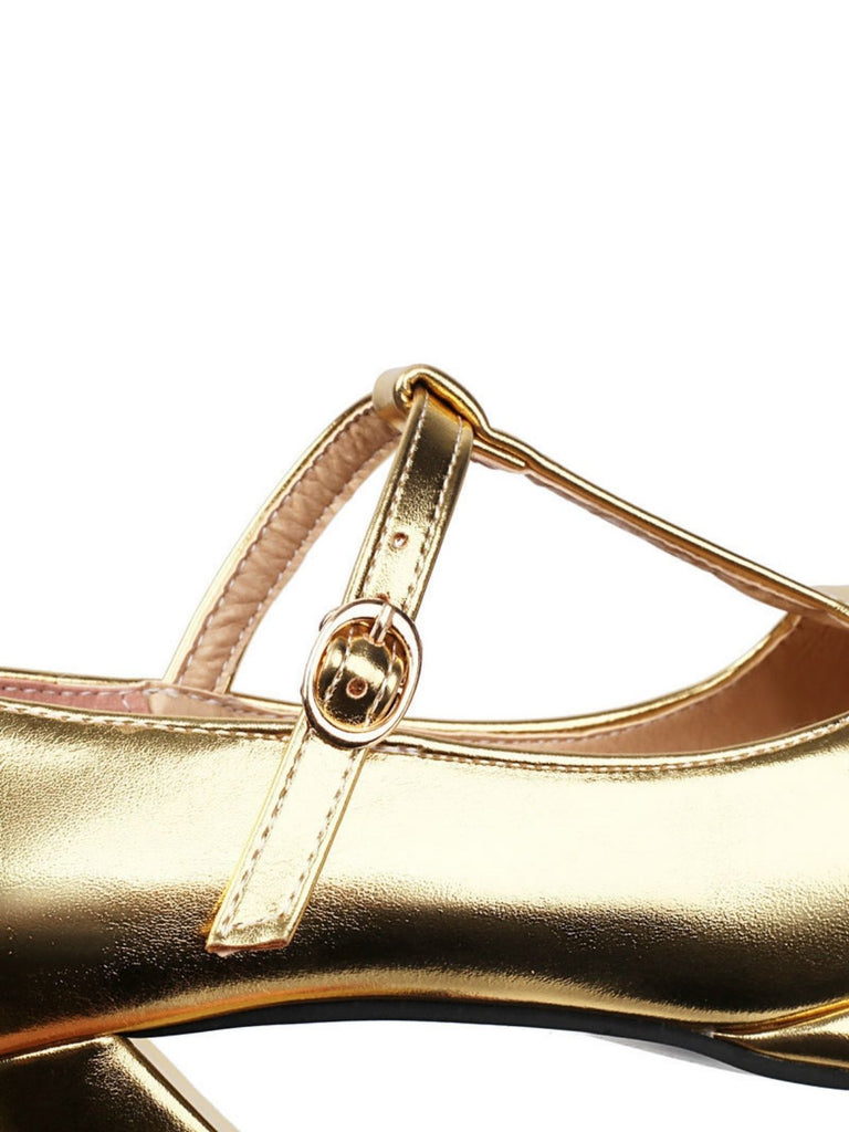 Metallic Square Toe Block Buckle Heels