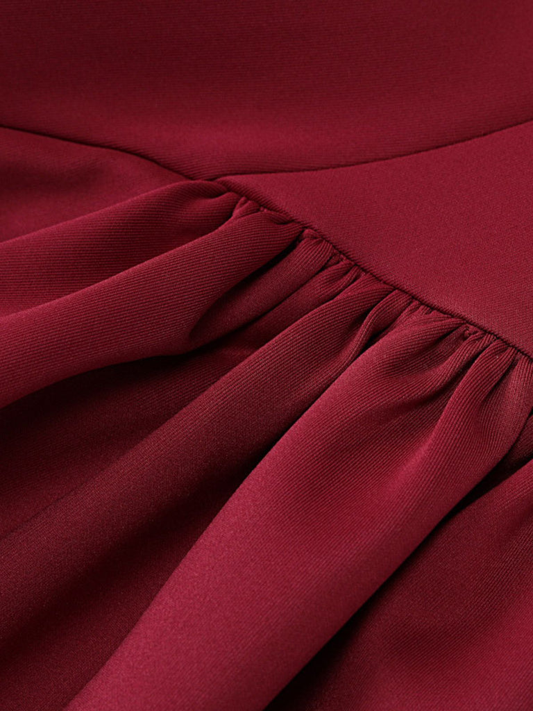 1970s Solid Off-Shoulder Deep V-Neck Skater Dress