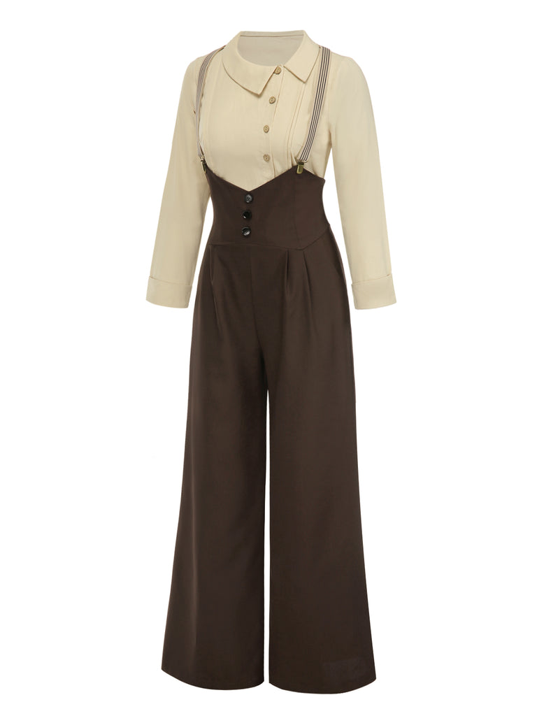 Retro Stage Detachable Cream Shirt & High-Waisted Brown Suspender Pants Set