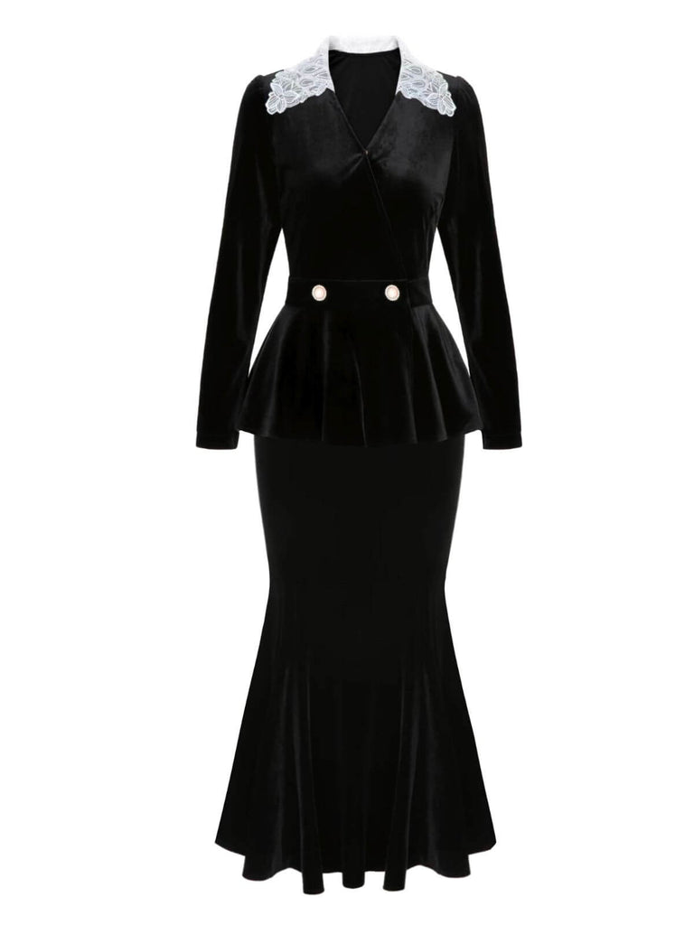 She pairs this 2PCS 1930s Solid Velvet Top & Mermaid Skirt with confidence and 1930s charm