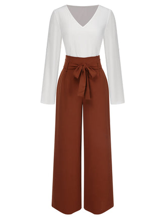 2PCS 1930s V-Neck Top & Wide Leg Lounge Pants, vintage top, retro blouse - perfect for women who love vintage and retro fashion