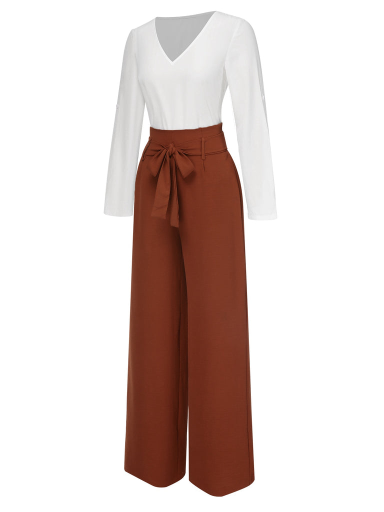 2PCS 1930s V-Neck Top & Wide Leg Lounge Pants, vintage top, retro blouse - perfect for women who love vintage and retro fashion