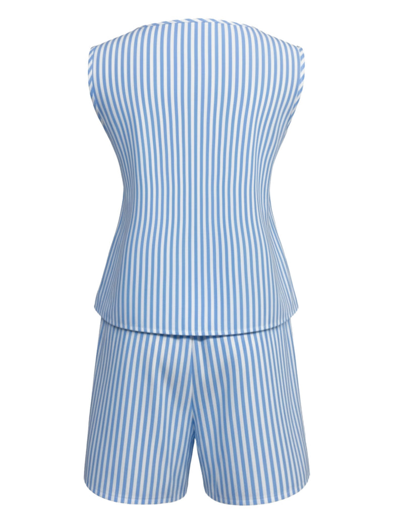 Blue 1940s Vintage Floral Striped Two Piece Set 3