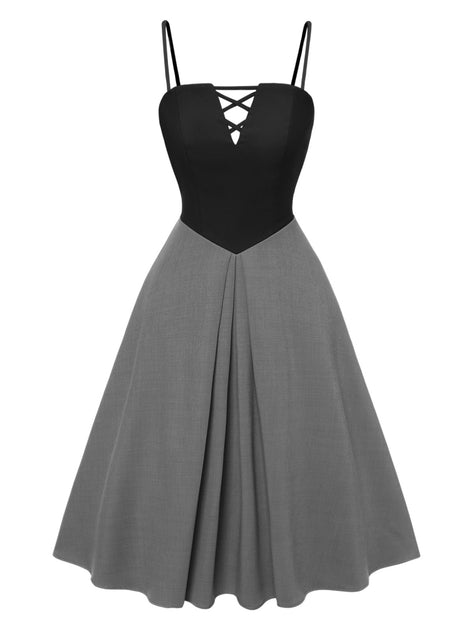 black and gray dress 1940s Colorblock Pleated Suspender Options:Dresser Web Collection: Back To School Beautiful sleek look Elsy Girls Black &