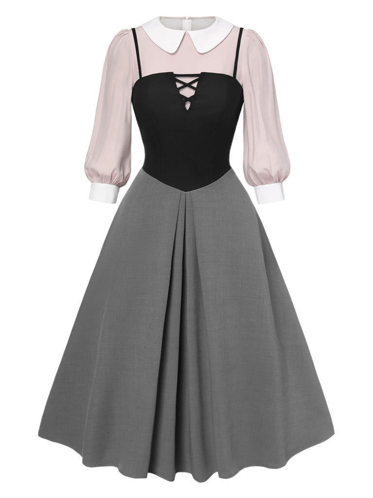 2PCS 1940s Colorblock Pink Blouse & Gray Dress: where 1940s romance meets her modern spirit