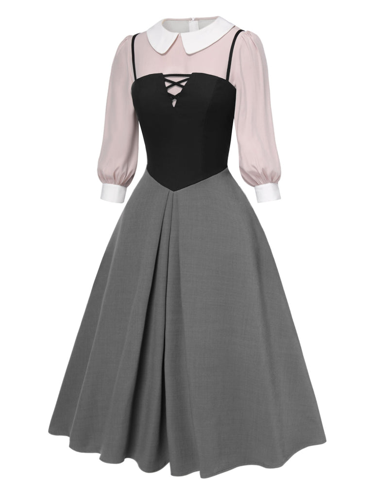 2PCS 1940s Colorblock Pink Blouse & Gray Dress 2PCS 1940s Colorblock Pink Blouse & Gray Dress