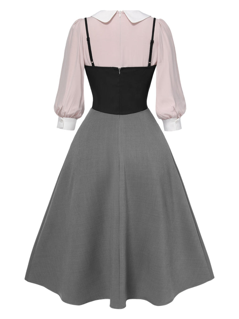 2PCS 1940s Colorblock Pink Blouse & Gray Dress 2PCS 1940s Colorblock Pink Blouse & Gray Dress