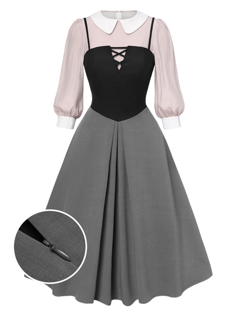 She slips into this 2PCS 1940s Colorblock Pink Blouse & Gray Dress and suddenly it's a 1940s daydream