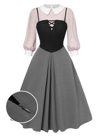 She slips into this 2PCS 1940s Colorblock Pink Blouse & Gray Dress and suddenly it's a 1940s daydream