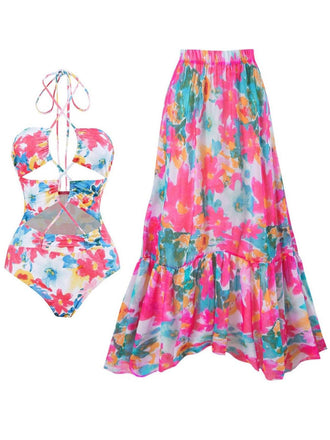 She's wearing 2PCS 1940s Cutout Halter Oil Painting Swimsuit & Cover-Up and the whole beach remembers the 1940s