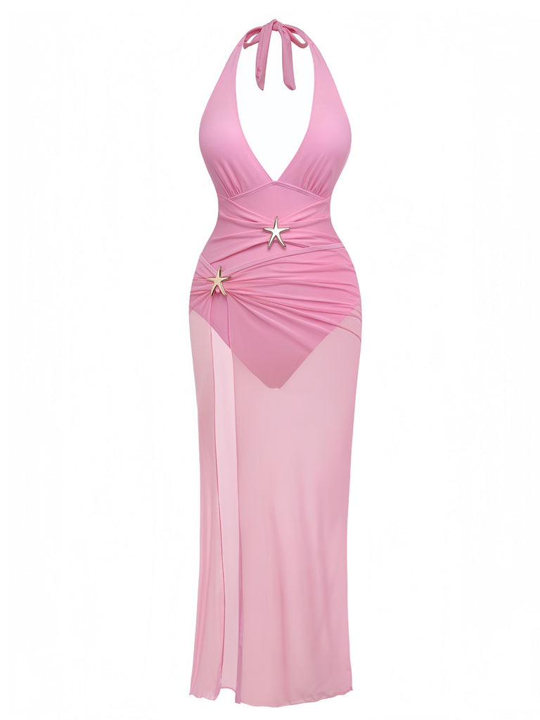 Women's Deep V Halter Starfish Tummy Control One-Piece Swimsuit & Cover-Up Pink Women's Deep V Halter Starfish Tummy Control One-Piece Swimsuit & Cover-Up Pink