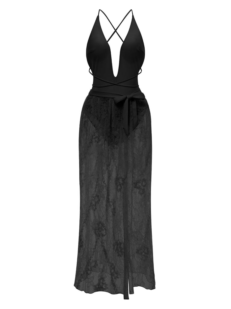 She's wearing 2PCS 1940s Deep-V One-Piece Swimsuit & Lace Cover-Up and the whole beach remembers the 1940s