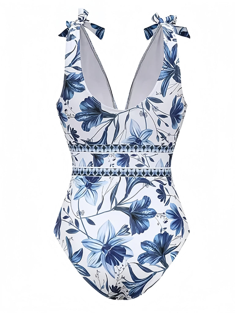 2PCS 1940s Floral Tie-Shoulder Swimsuit Cover-Up - vintage swimsuit, pin-up style