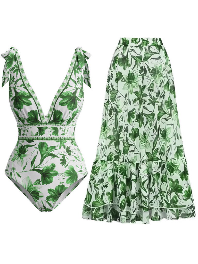 2PCS 1940s Floral Tie-Shoulder Swimsuit Cover-Up - vintage swimsuit, pin-up style