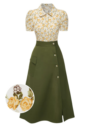 She pairs this 2PCS 1940s Peter Pan Collar Floral Blouse & Slit Skirt with confidence and 1940s charm