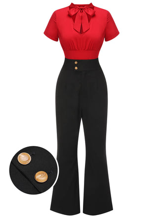 2PCS 1940s Red Tie-Up Blouse & Black Pants, vintage top, retro blouse - perfect for women who love vintage and retro fashion