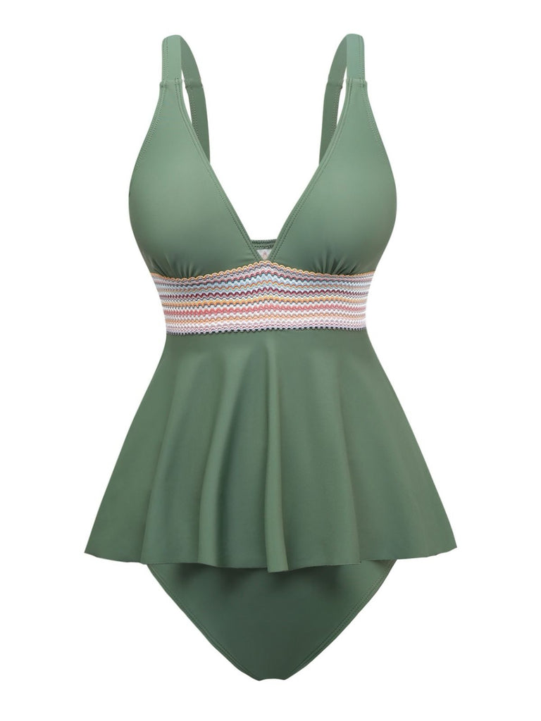 2PCS 1940s Solid Boho Ruffled Skirt Swimsuit - vintage skirt, retro style