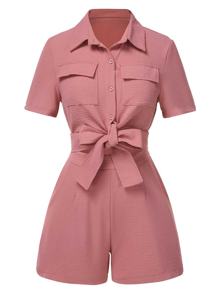 2PCS 1940s Solid Lace-Up Top & High-Waist Shorts - vintage fashion, retro style