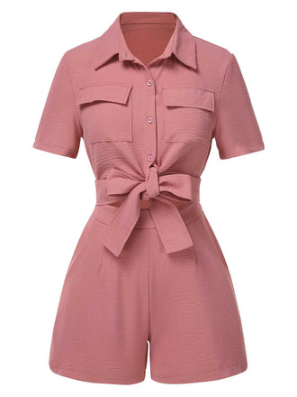 2PCS 1940s Solid Lace-Up Top & High-Waist Shorts - vintage fashion, retro style