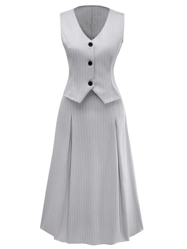2PCS 1940s Stripe Sleeveless Vest & Midi Skirt - vintage skirt, retro style