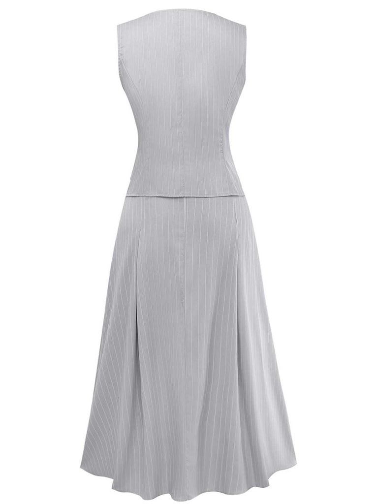2PCS 1940s Stripe Sleeveless Vest & Midi Skirt - vintage skirt, retro style