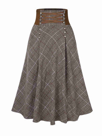Brown 1940s Lace-Up Glen Plaid Skirt, vintage skirt, retro style - perfect for women who love vintage and retro fashion
