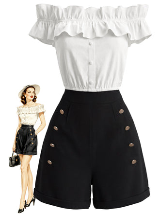 2PCS 1950s Button Off-Shoulder Ruffle Crop Top & Shorts, vintage top, retro blouse, rockabilly, pin-up fashion - vintage inspired fashion