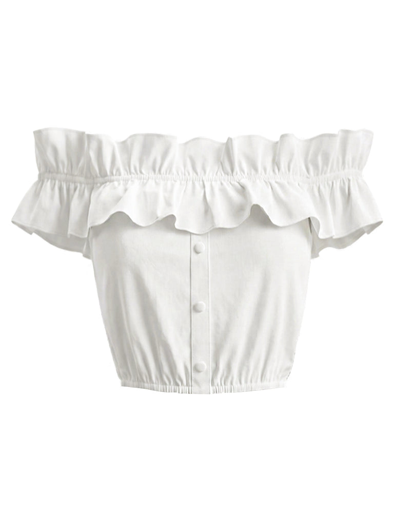 2PCS 1950s Button Off-Shoulder Ruffle Crop Top & Shorts, vintage top, retro blouse, rockabilly, pin-up fashion - vintage inspired fashion