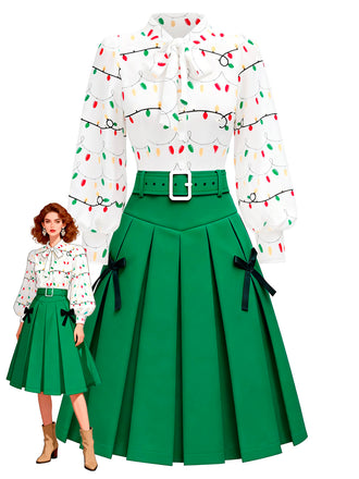 She pairs this 2PCS 1950s Christmas Lights Print Blouse & Pleated Skirt with confidence and 1950s charm