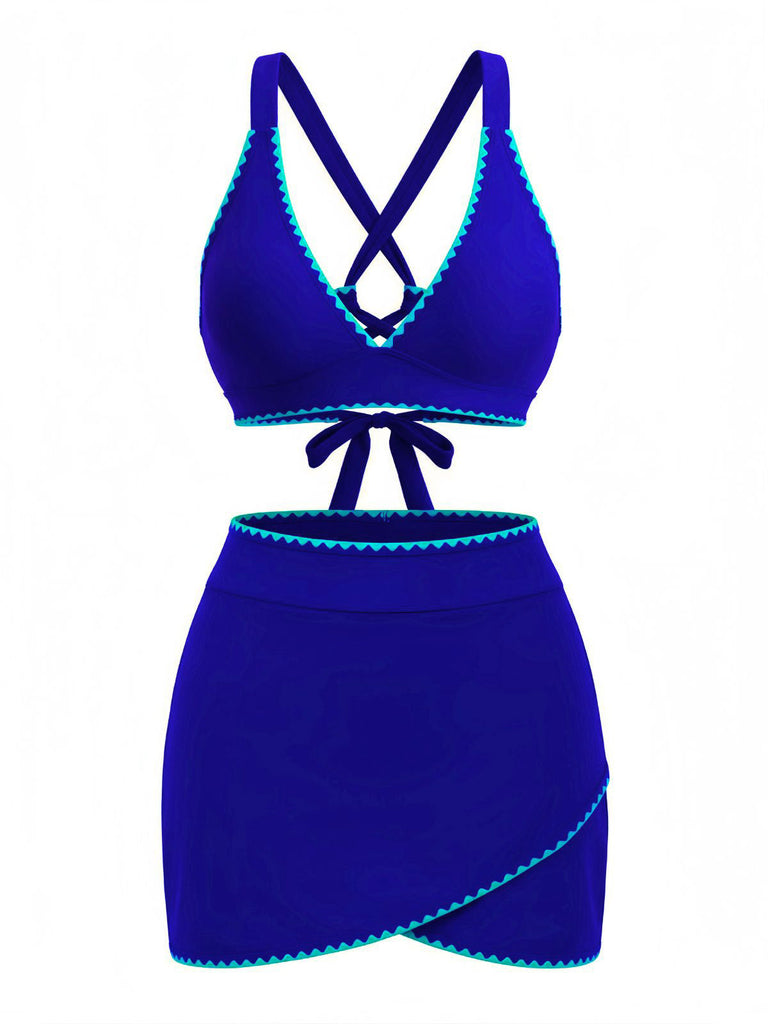 2PCS Blue 1950s Contrast Trim Cross-Back Bikini Set & Cover-Up - vintage swimsuit, pin-up swimwear for vintage lovers
