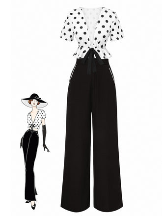She pairs this 2PCS 1950s Deep V-Neck Polka Dots Top & Straight-Leg Pants with confidence and 1950s charm