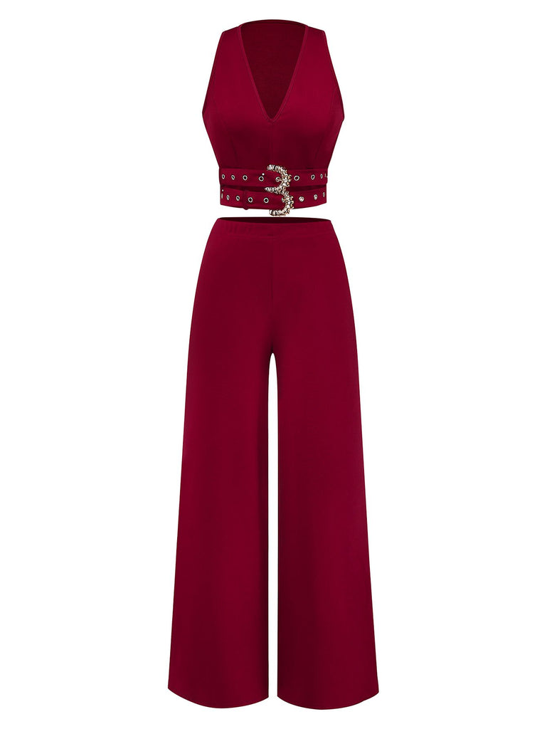 2PCS 1950s Deep-V Belted Detail Vest & Solid Pants - vintage fashion, retro style