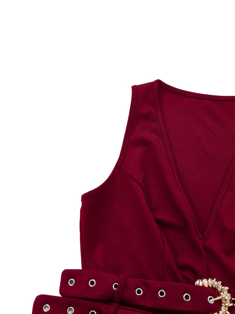 2PCS 1950s Deep-V Belted Detail Vest & Solid Pants - vintage fashion, retro style