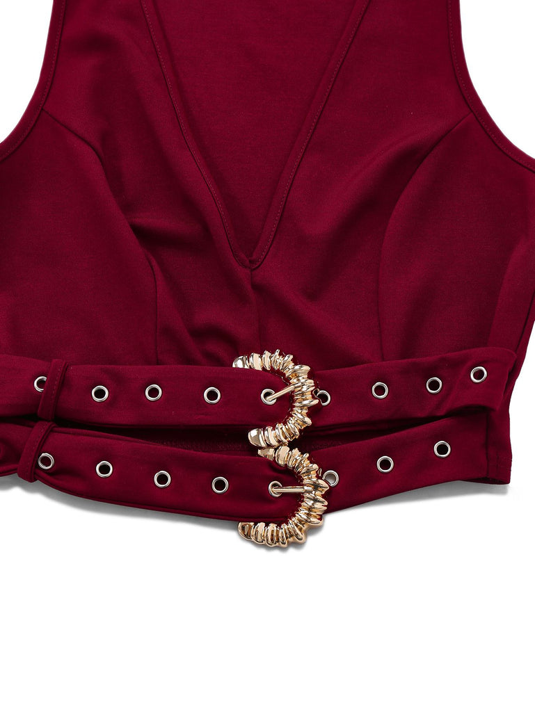 2PCS 1950s Deep-V Belted Detail Vest & Solid Pants - vintage fashion, retro style