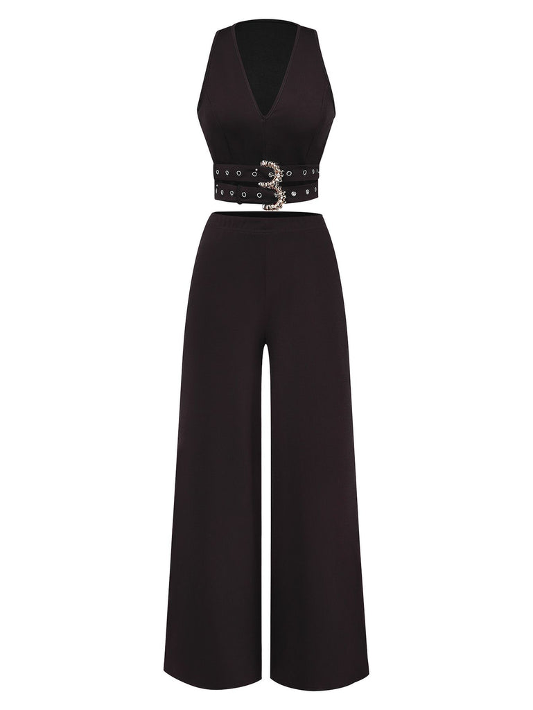 2PCS 1950s Deep-V Belted Detail Vest & Solid Pants - vintage fashion, retro style
