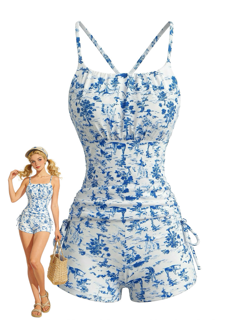 2PCS Blue 1950s Floral Pleated Tankini & High-Waist Shorts, vintage fashion, retro style - perfect for women who love vintage and retro fashion