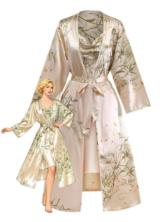 She slips into this 2PCS 1950s Floral Straps Satin Nightgown & Matching Robe and suddenly it's a 1950s daydream