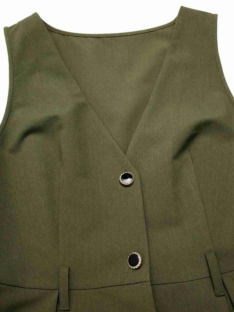 tight mini dresses Retro Stage Green 1950s V-Neck Pockets Belted Vest Dress
