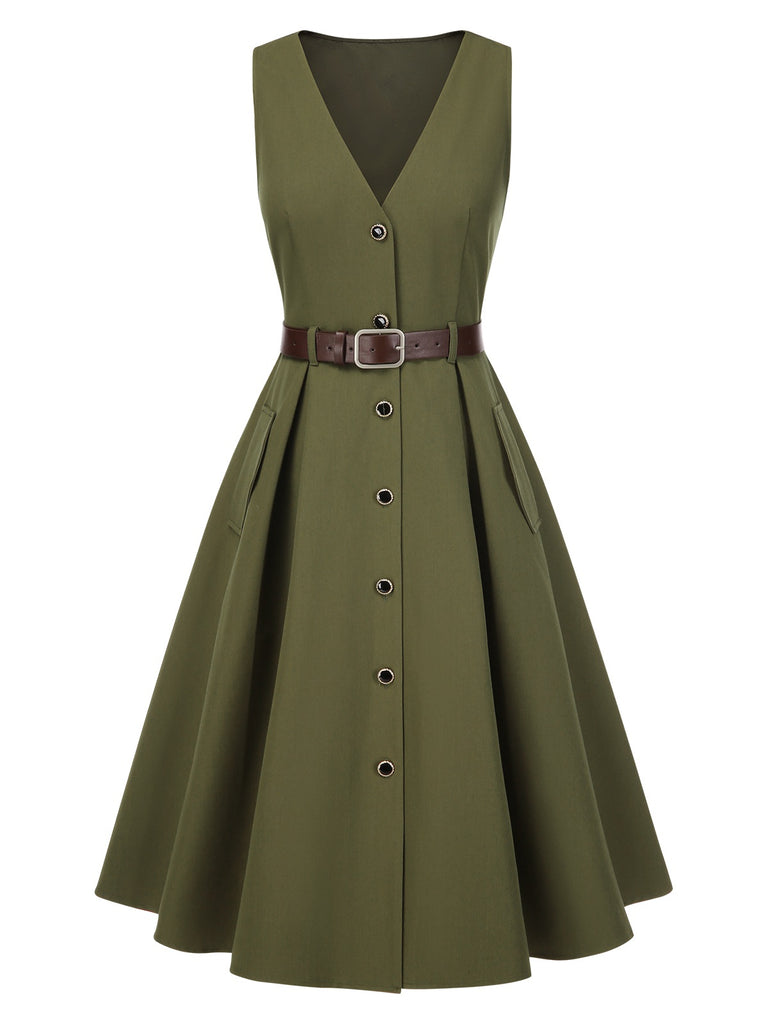 Retro Stage Green 1950s V-Neck Pockets Belted Vest Dress