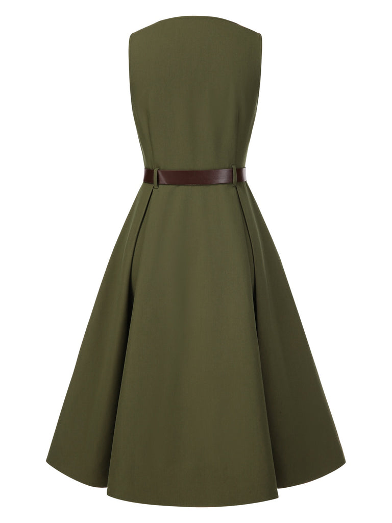 Retro Stage Green 1950s V-Neck Pockets Belted Vest Dress Retro Stage Green 1950s V-Neck Pockets Belted Vest Dress