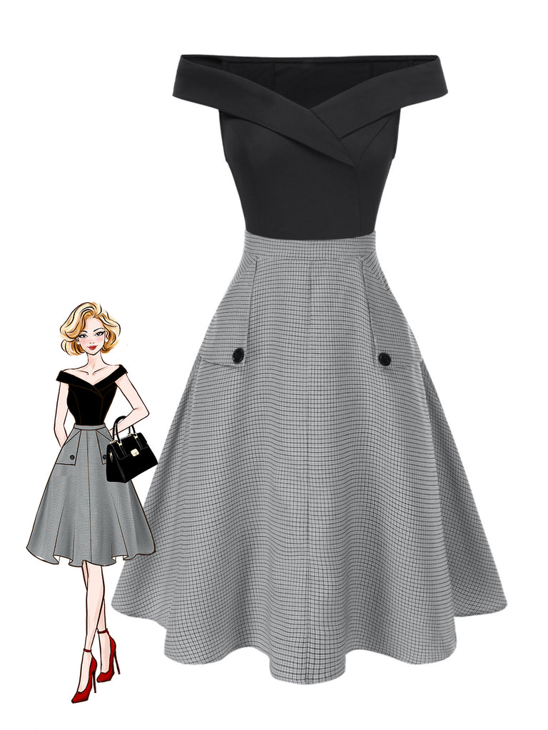 2PCS 1950s Off-Shoulder Top & Pocket Plaids Skirt - vintage skirt, retro style