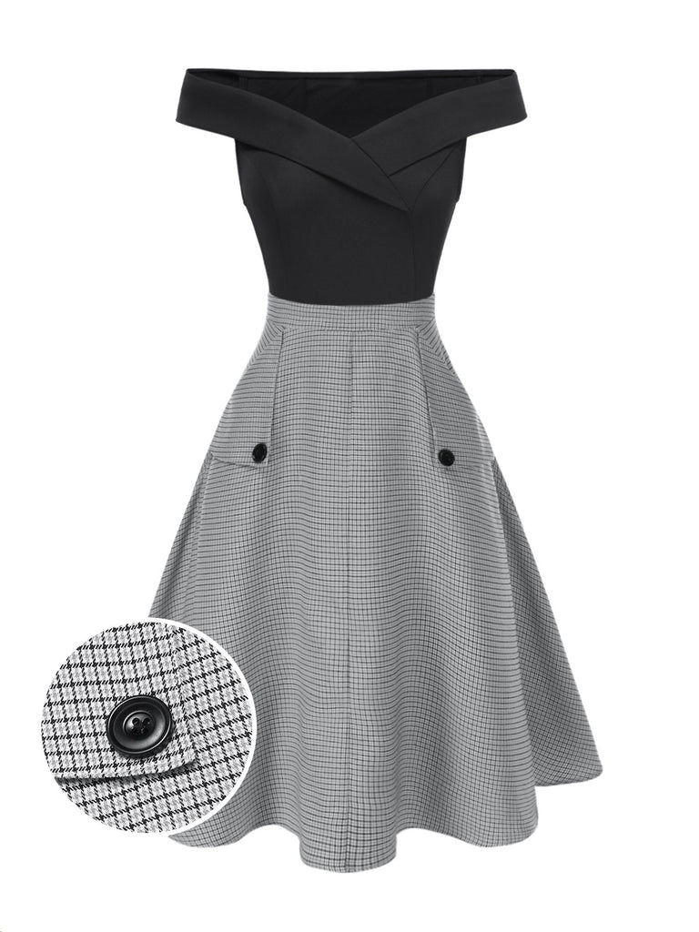 2PCS 1950s Off-Shoulder Top & Pocket Plaids Skirt - vintage skirt, retro style