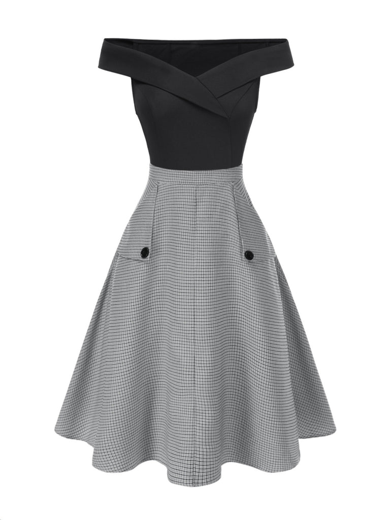 2PCS 1950s Off-Shoulder Top & Pocket Plaids Skirt - vintage skirt, retro style