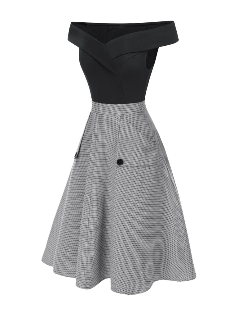 2PCS 1950s Off-Shoulder Top & Pocket Plaids Skirt - vintage skirt, retro style
