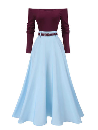 She pairs this 2PCS 1950s Off-Shoulder Top & Solid Belted Skirt with confidence and 1950s charm