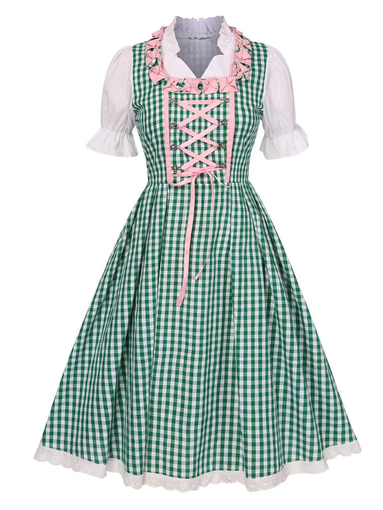 2PCS 1950s Oktoberfest White Top & Green Plaid Dress & Pink Apron | Retro Stage 2PCS 1950s Oktoberfest White Top & Green Plaid Dress & Pink Apron | Retro Stage
