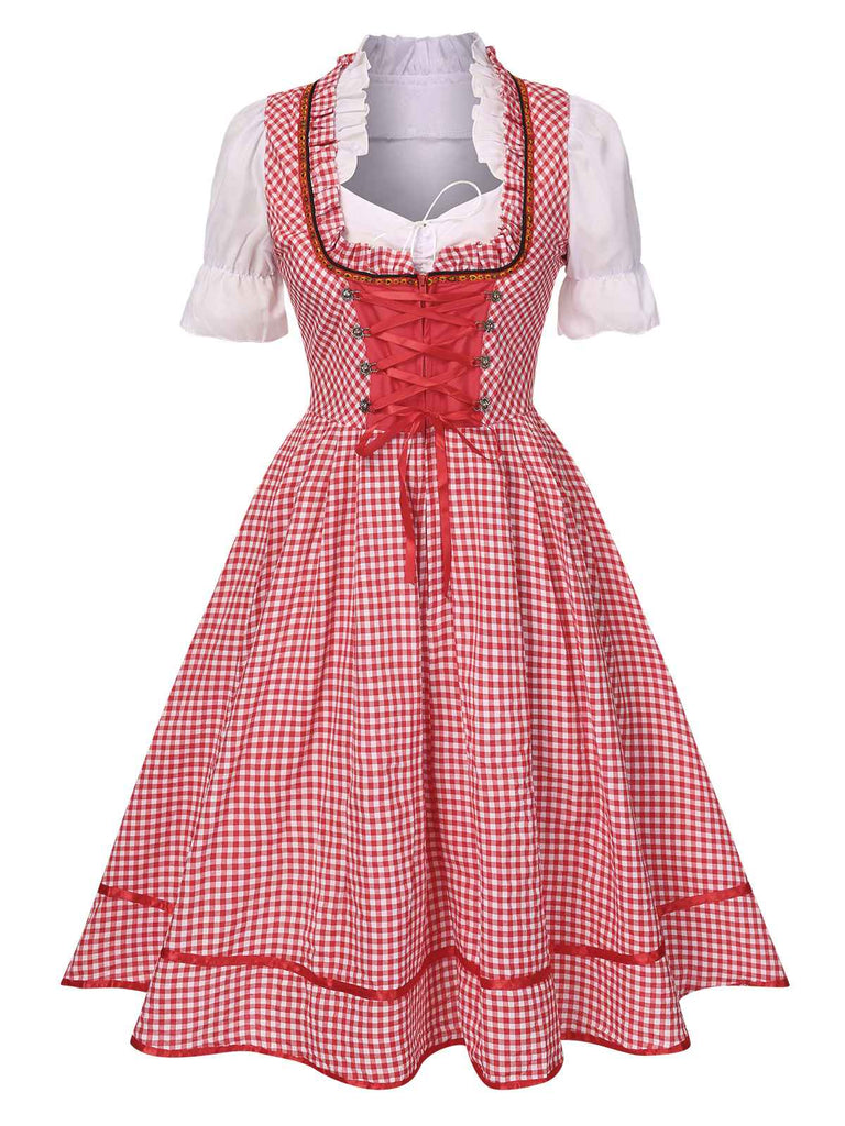 2PCS 1950s Oktoberfest White Top & Red Plaid Dress & Red Apron, vintage dress, retro fashion, rockabilly, pin-up fashion - perfect for women who love vintage and retro fashion