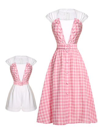 2PCS 1950s Pink Plaid Skirt & Romper With Belt: timeless style reimagined