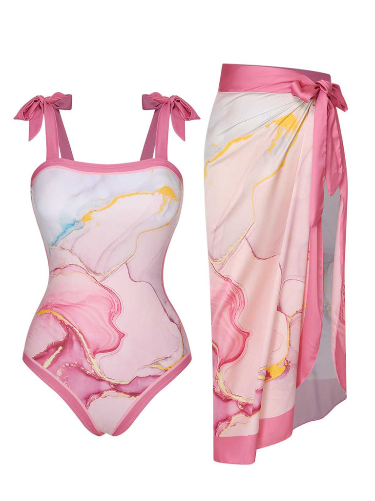 2PCS 1950s Pink Print Swimsuit & Cover-Up, vintage swimsuit, pin-up swimwear - perfect for women who love vintage and retro fashion