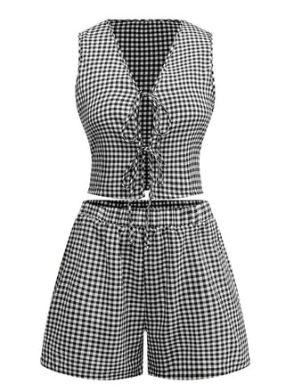 2PCS 1950s Plaid V-Neck Bind Vest & Shorts, vintage fashion, retro style - perfect for women who love vintage and retro fashion